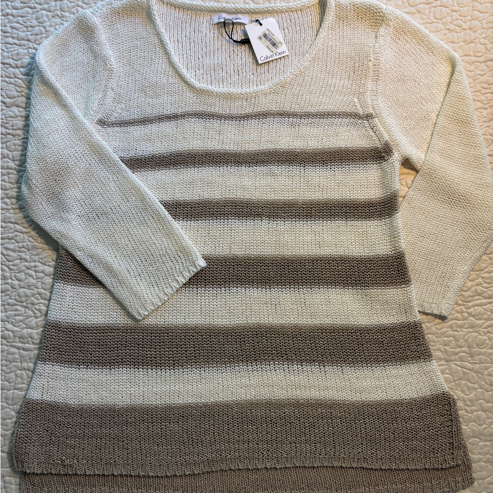Calvin Klein Women's Sweater - Cream and Brown Stripes 3/4 sleeves